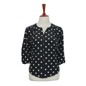 Womens Silky Blouse Polka Dot Black Ivory 3/4 Sleeve V-Neck Casual Top Large